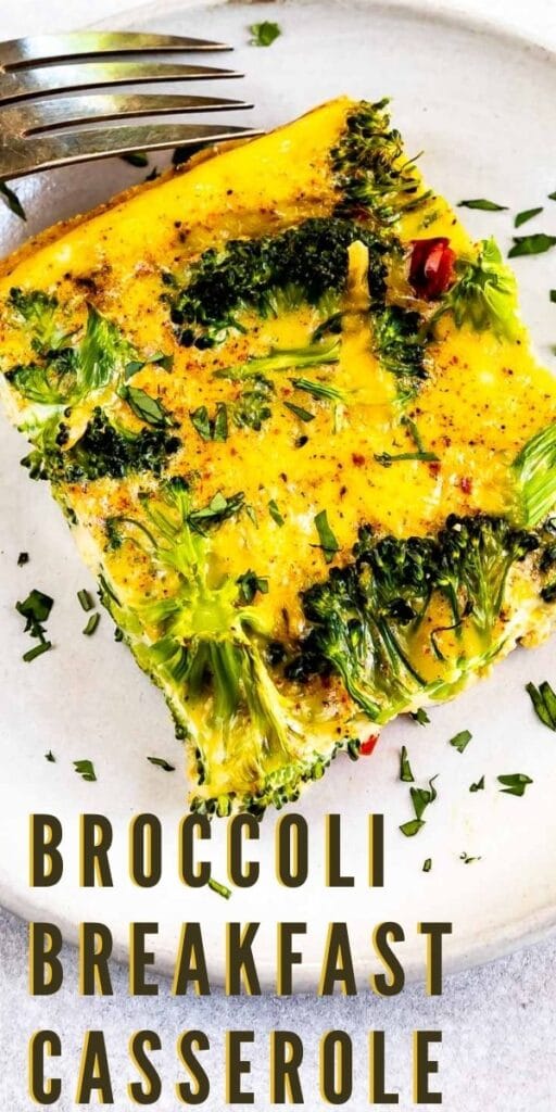 One square piece of broccoli breakfast casserole on plate with recipe title on bottom of photo