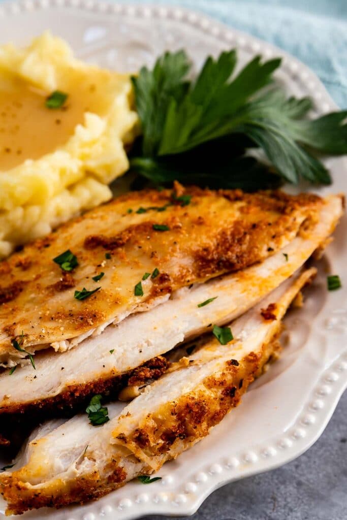 Plate with cajun turkey breast and mashed potatoes