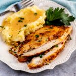 Plate with cajun turkey breast and mashed potatoes