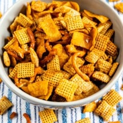 Overhead shot of large bowl of chex mix