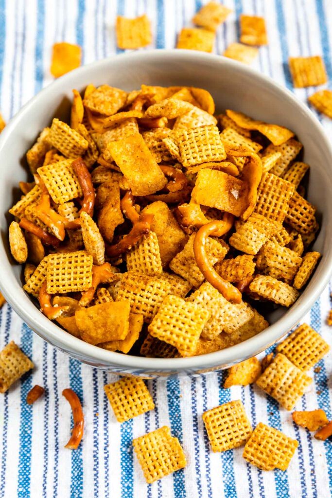 Overhead shot of large bowl of chex mix