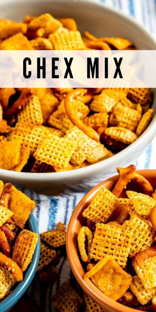 Overhead close up shot of three bowls of chex mix with recipe title on top of image