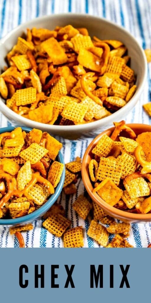Three bowls of chex mix with recipe title on bottom of photo