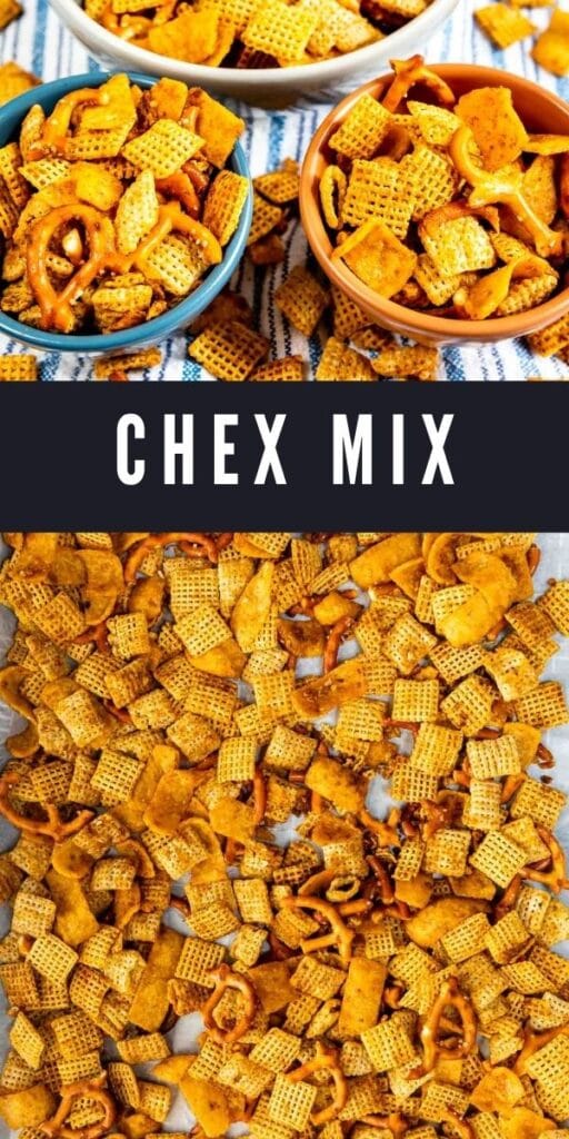 Photo collage of chex mix with recipe title in the middle of photos