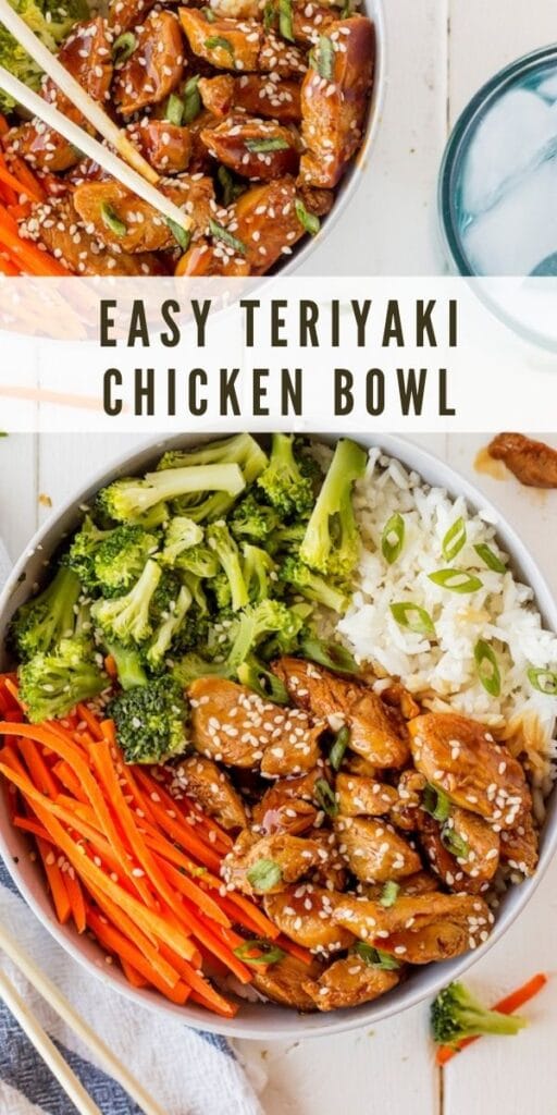 Overhead shot of easy chicken teriyaki bowls with recipe title on top of image