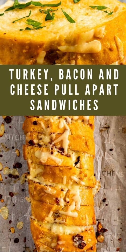 Photo collage of turkey, bacon and cheese pull apart sandwiches with recipe title in the middle of photos
