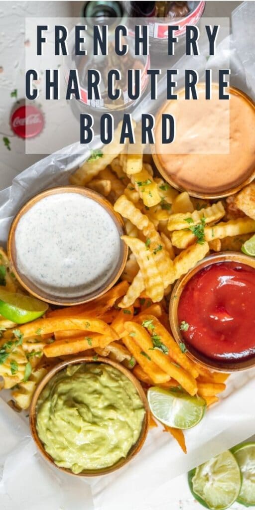 Overhead shot of french fry charcuterie board with recipe title on top of image