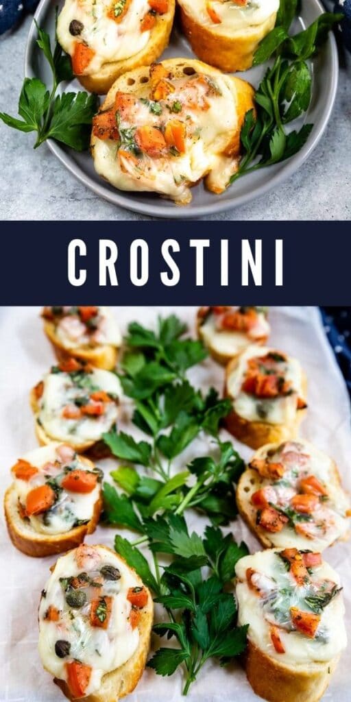 Photo collage of crostini with recipe title in the middle of two photos
