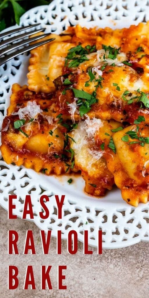 Close up overhead shot of easy ravioli bake on a plate with recipe title on bottom of image
