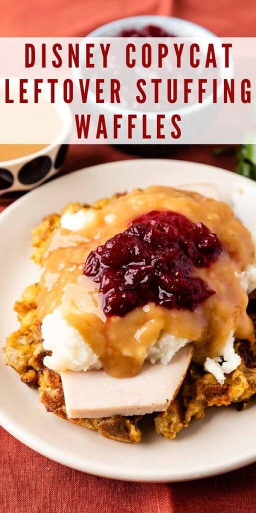 Leftover stuffing waffles served with turkey, mashed potatoes and gravy on top and recipe title on top of image