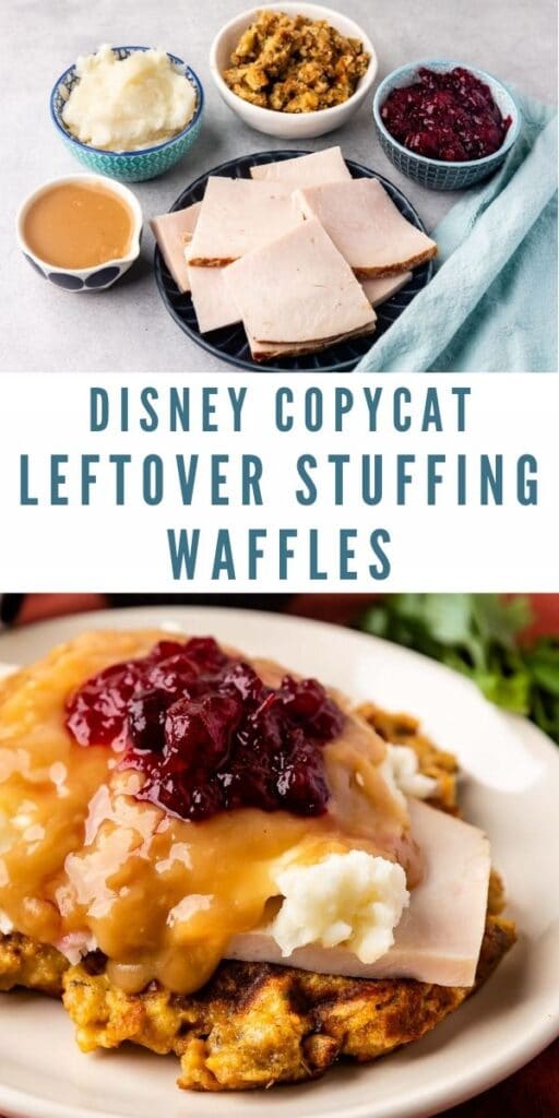 Photo collage of disney copycat leftover stuffing waffles with recipe title in the middle of two photos