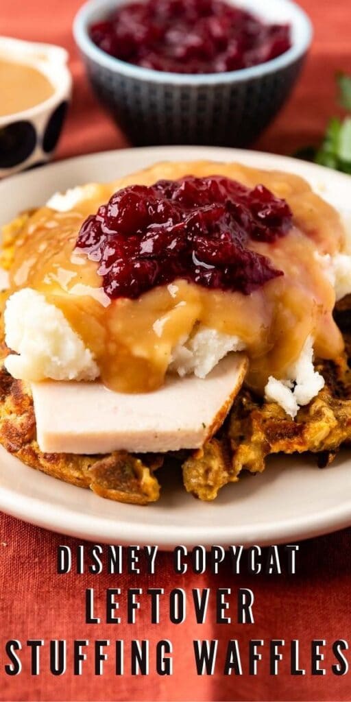 Leftover stuffing waffles served with turkey, mashed potatoes and gravy on top and recipe title on bottom of image