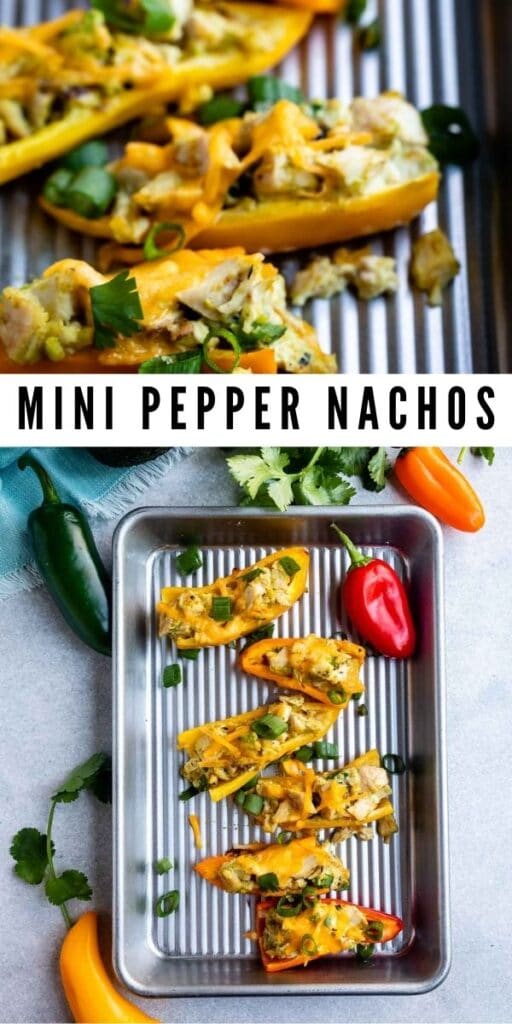 Photo collage of mini pepper nachos with recipe title in the middle of two photos