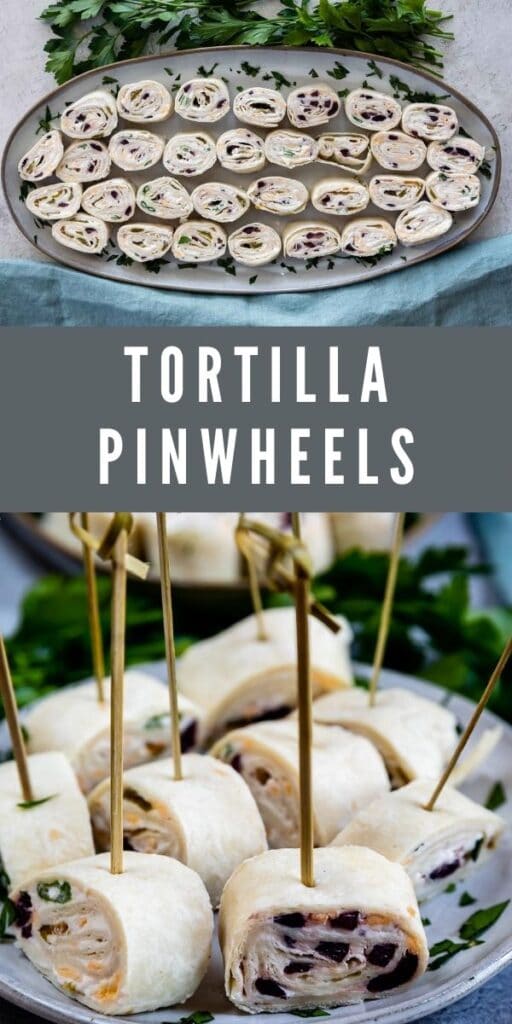 Photo collage of tortilla pinwheels with recipe title in the middle of two photos
