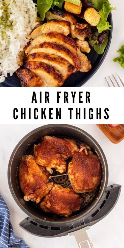 Photo collage of air fryer chicken thighs with recipe title in the middle of two photos