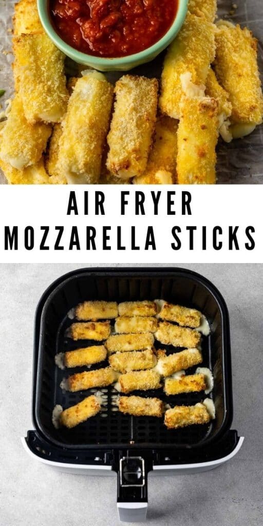 Photo collage of air fryer mozzarella sticks with recipe title in the middle of two photos