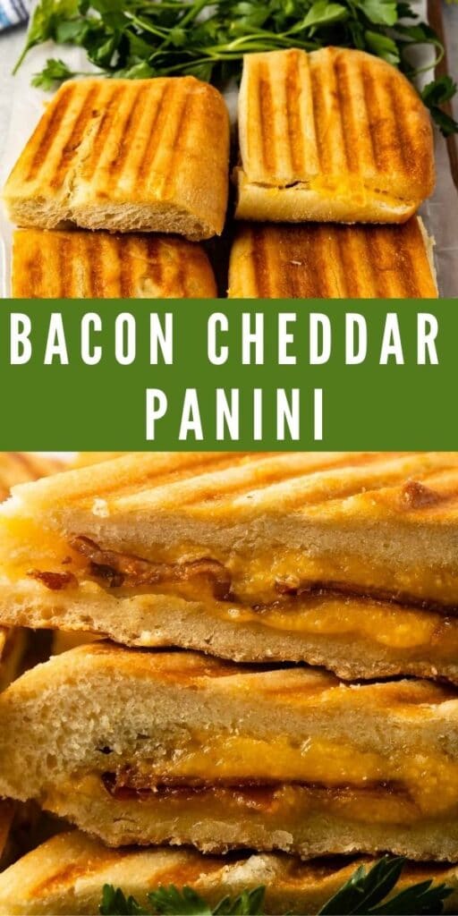 Photo collage of bacon cheddar panini with recipe title in the middle of two photos