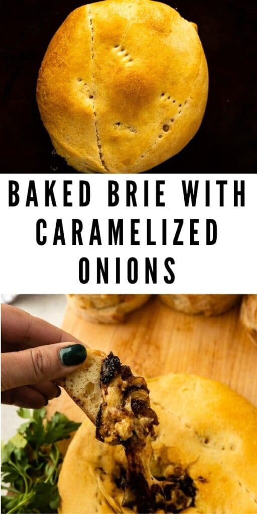 Photo collage of baked brie with caramelized onions and recipe title in middle of two photos