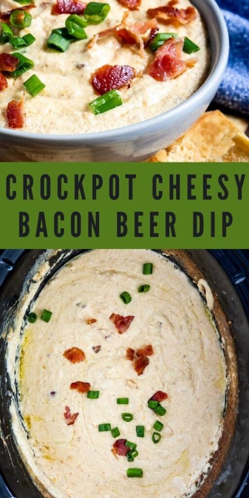 Photo collage of crockpot cheesy bacon beer dip with recipe title in the middle of photos