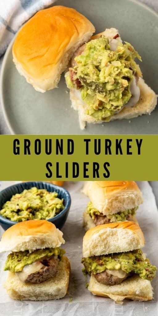 Photo collage of ground turkey sliders with recipe title in the middle of two photos