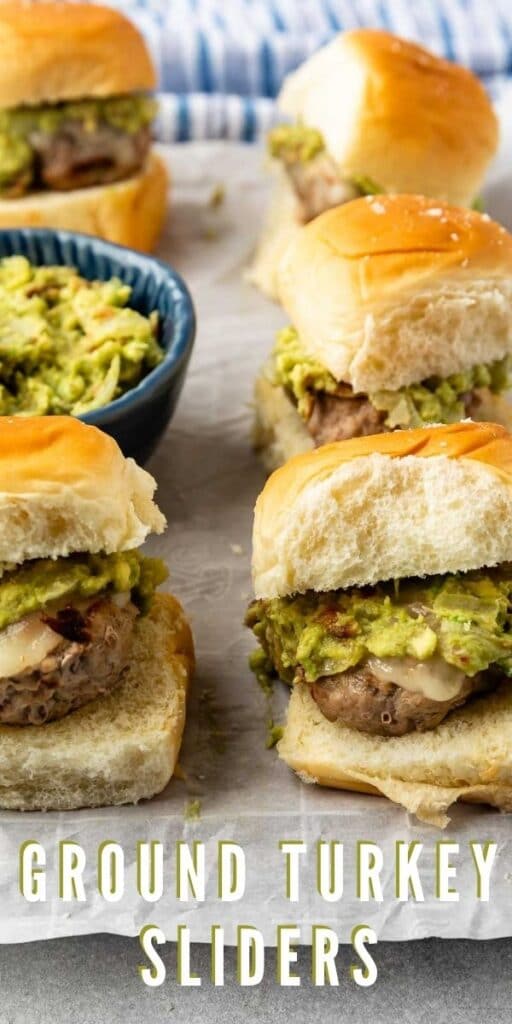 5 ground turkey sliders with a bowl of avocado bacon spread and recipe title on bottom of photo