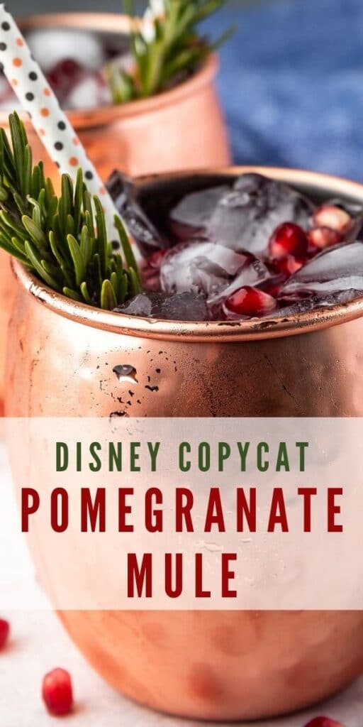 Close up side shot of disney copycat pomegranate mule with recipe title in the middle of photo