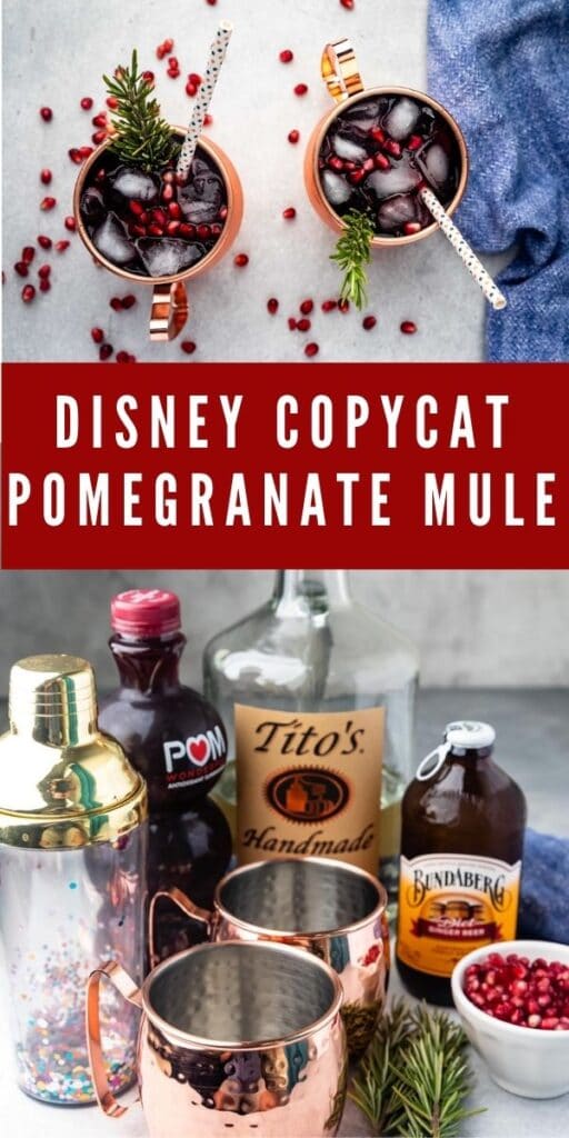 Photo collage of disney copycat pomegranate mule with recipe title in middle of two photos