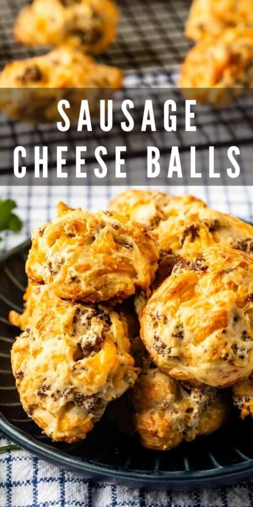 Plate full of sausage cheese balls with more in background with recipe title on top of image