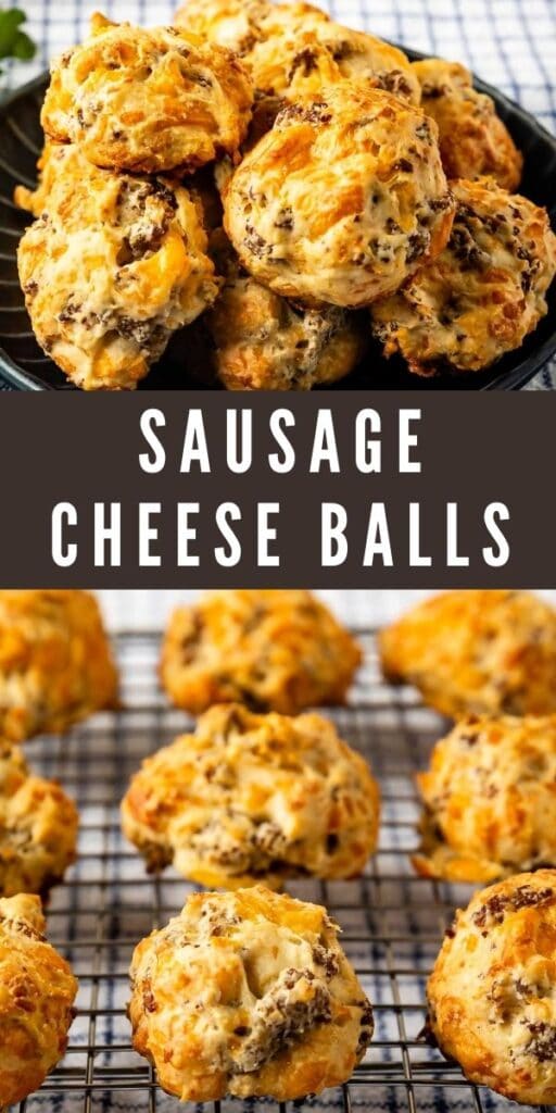 Photo collage of sausage cheese balls with recipe title in the middle of two photos