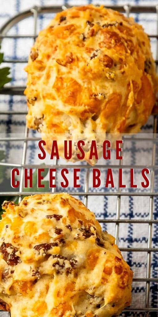 Overhead close up shot of two sausage cheese balls with recipe title in the middle of photo