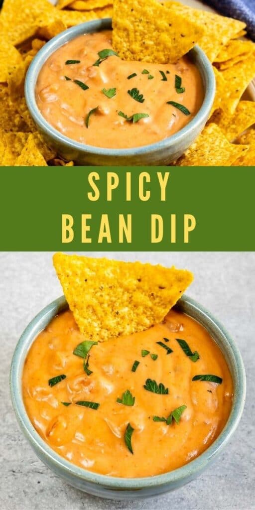 Collage of spicy bean dip photos with recipe title in the middle of two images