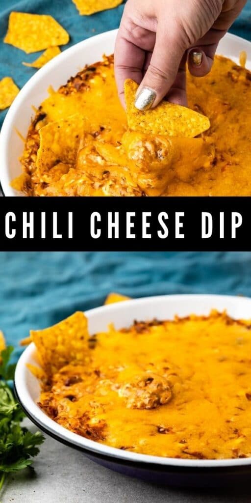Photo collage of chili cheese dip with recipe title in the middle of two photos