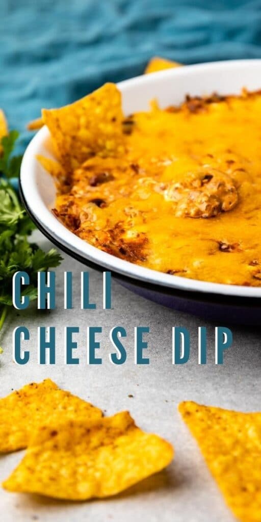 Close up side of chili cheese dip in a bowl with chips around it and recipe title on image