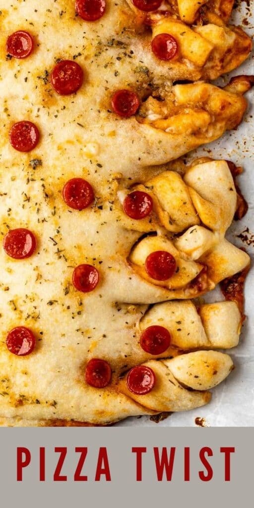 Close up overhead shot of pepperoni Pizza Twist with recipe title on bottom of image