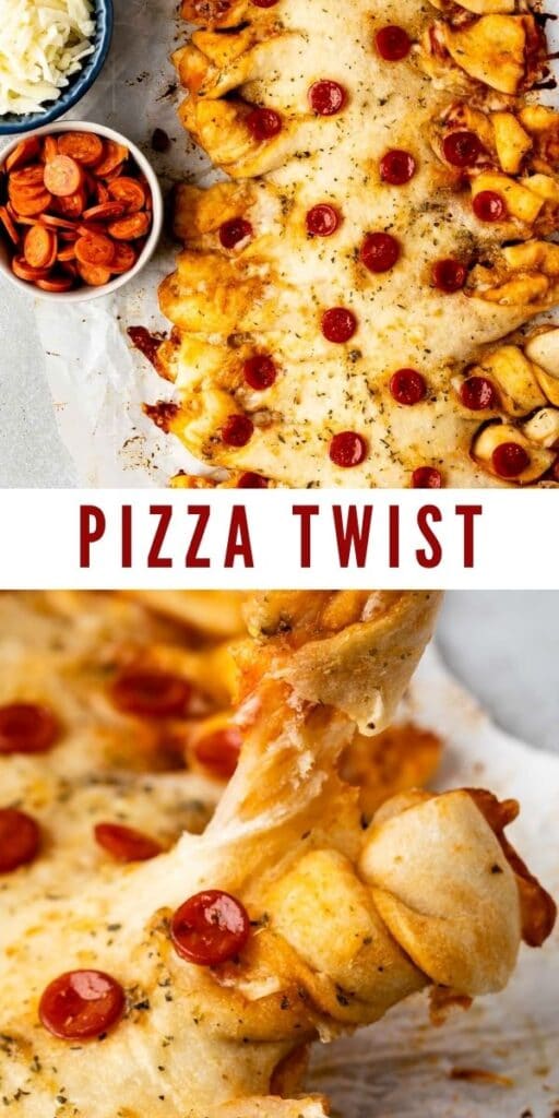 Photo collage of pizza twist with recipe title in the middle of two photos