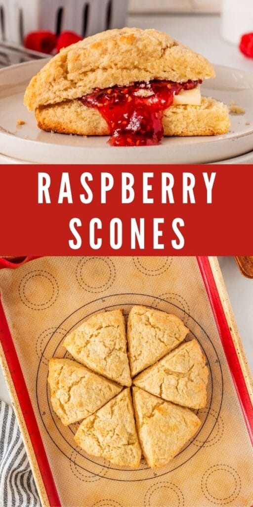 Photo collage of raspberry scones with recipe title in the middle of two photos