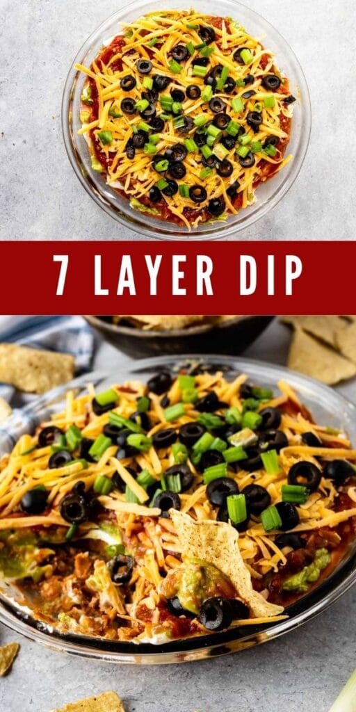 Photo collage of 7 layer dip with recipe title in the middle of two photos