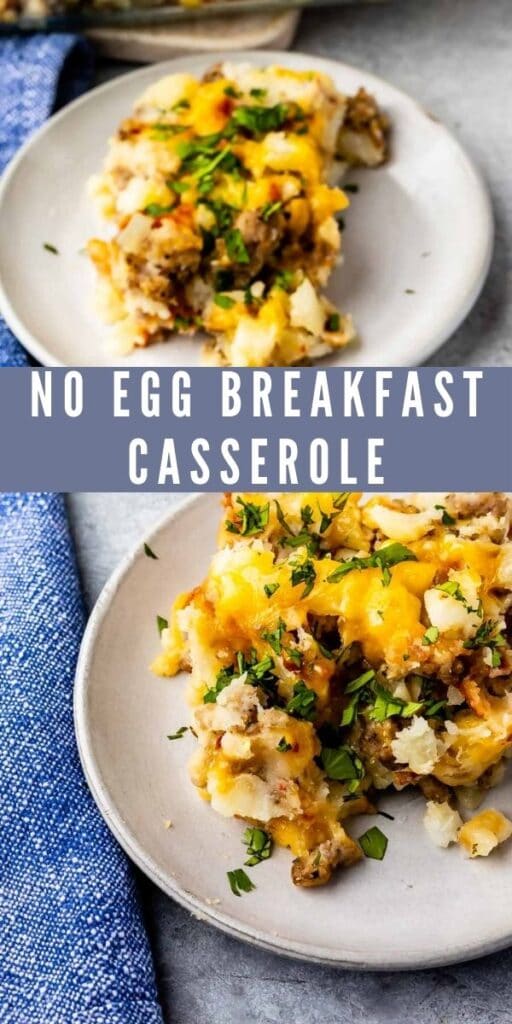 Two plates of no egg breakfast casserole with recipe title in the middle of photo