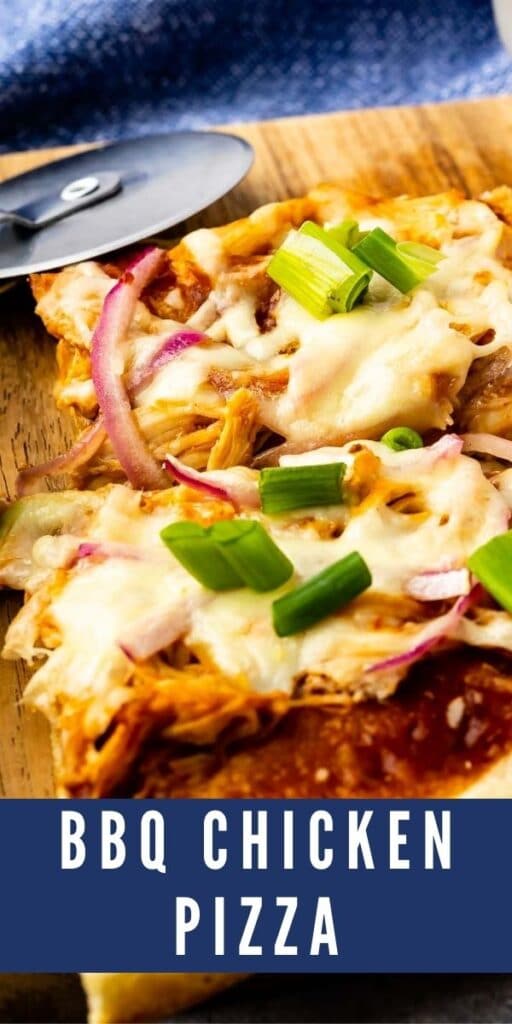 Super close up shot of bbq chicken pizza with recipe title on bottom of photo