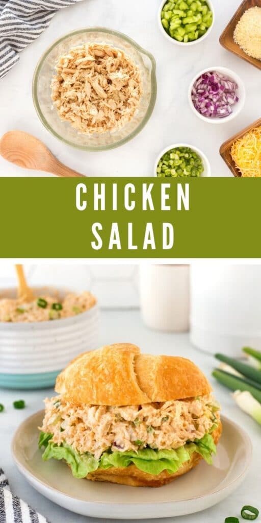 Photo collage of chicken salad with recipe title in the middle of two photos