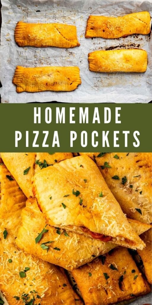 Photo collage of homemade pizza pockets with recipe title in the middle of two photos