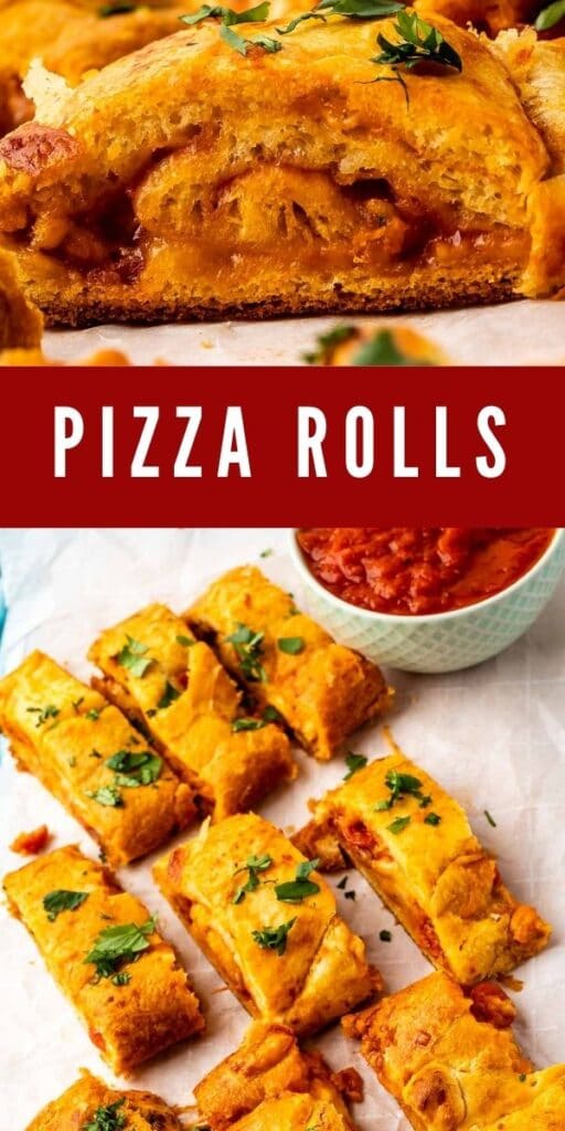 Photo collage of pizza rolls with recipe title in the middle of two photos