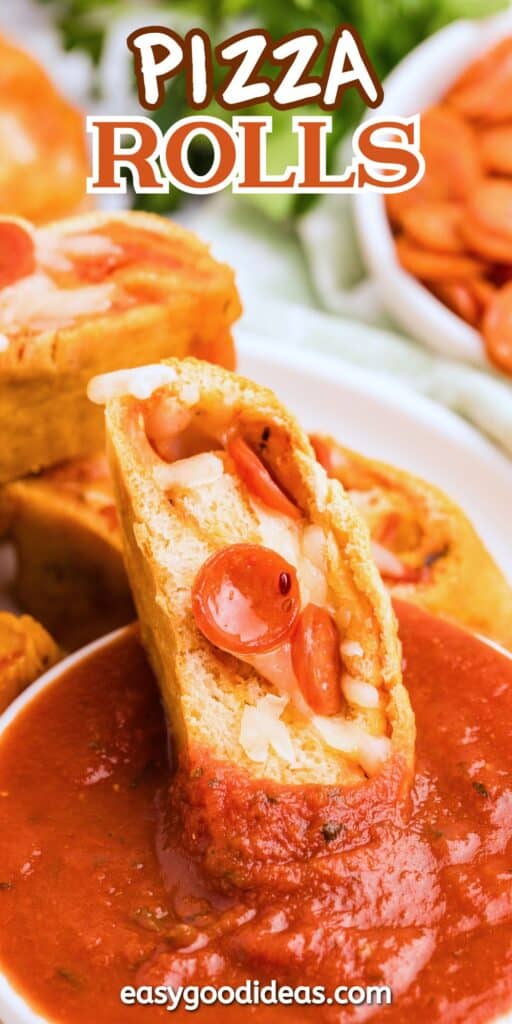 A close-up of a pizza roll cut in half reveals gooey melted cheese and pepperoni, perfectly dipped in marinara sauce. More delicious pizza rolls and toppings fill the background. PIZZA ROLLS is boldly displayed at the top, with a website URL elegantly positioned at the bottom.