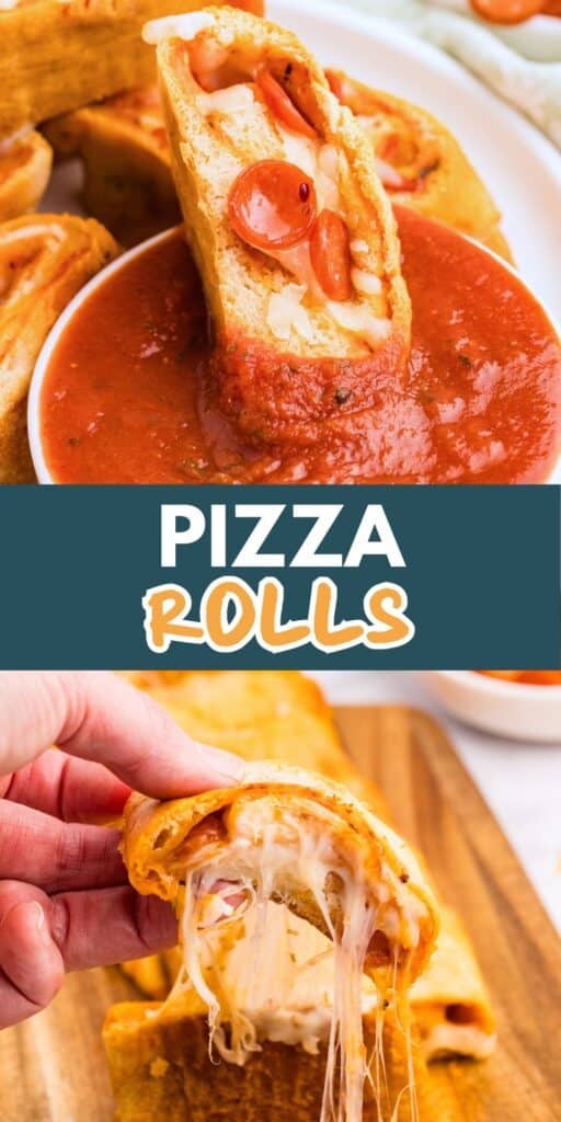 Top image: A scrumptious pizza roll stuffed with cheese and pepperoni dipped in tangy marinara sauce. Bottom image: A hand pulls apart a pizza roll, revealing gooey melted cheese. In the center, bold white and orange letters proudly declare Irresistible Pizza Rolls.