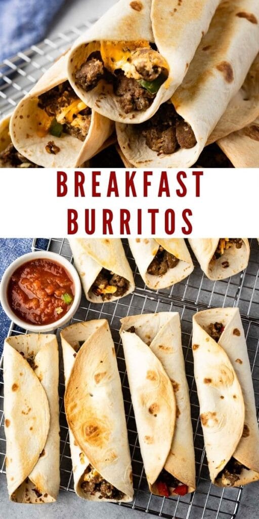 Photo collage of breakfast burritos with recipe title in the middle of two photos