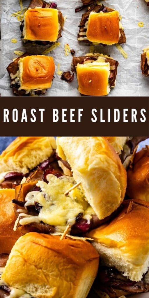 Photo collage of roast beef sliders with recipe title in the middle of two photos