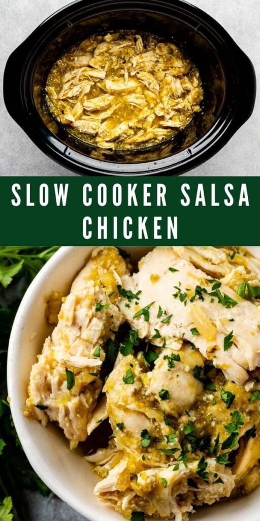 Photo collage of slow cooker salsa chicken with recipe title in the middle of two photos