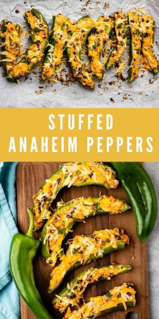 Photo collage of stuffed anaheim peppers with recipe title in the middle of two photos