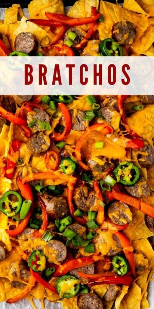 Overhead shot of loaded bratchos on a sheet pan with recipe title on top of image