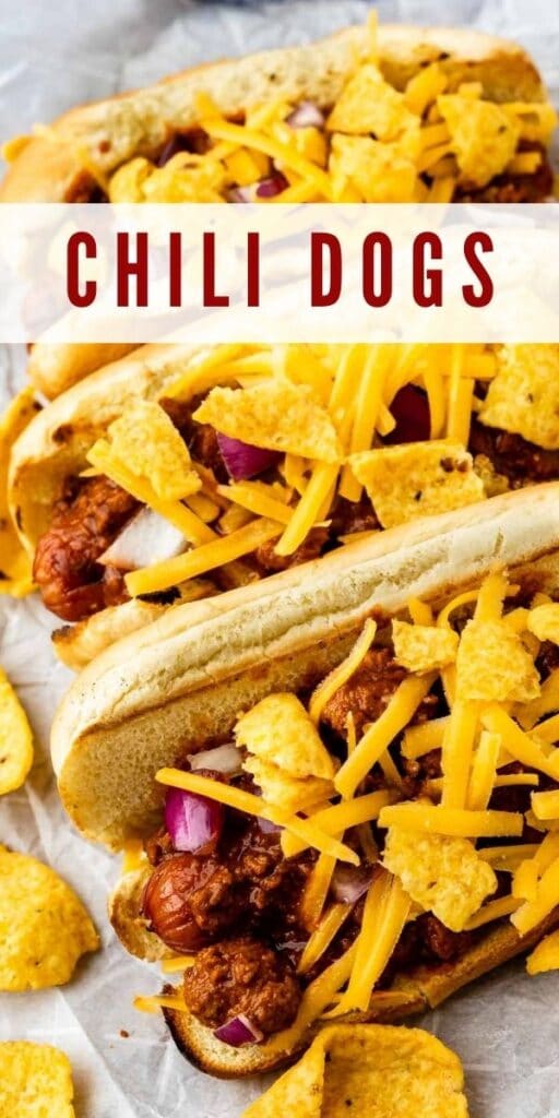 Three chili dogs topped with cheese and frito chips with recipe title in the middle of photo
